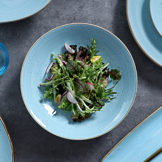 Prato de sopa profundo da porcelana da bacia de salada azul da faiança 36/46 de onça