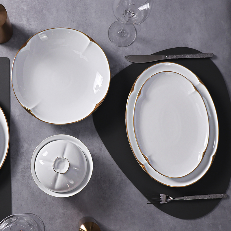 Conjunto de pratos de cerâmica branca alta, louça de porcelana durável com detalhes dourados