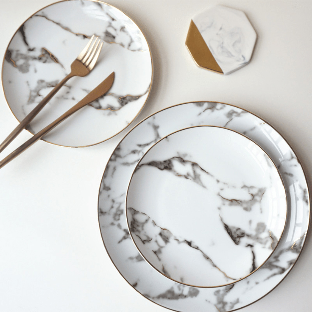 Conjunto de jantar de mármore do restaurante Conjunto de pratos de louça de mármore - Conjunto de pratos e tigelas
