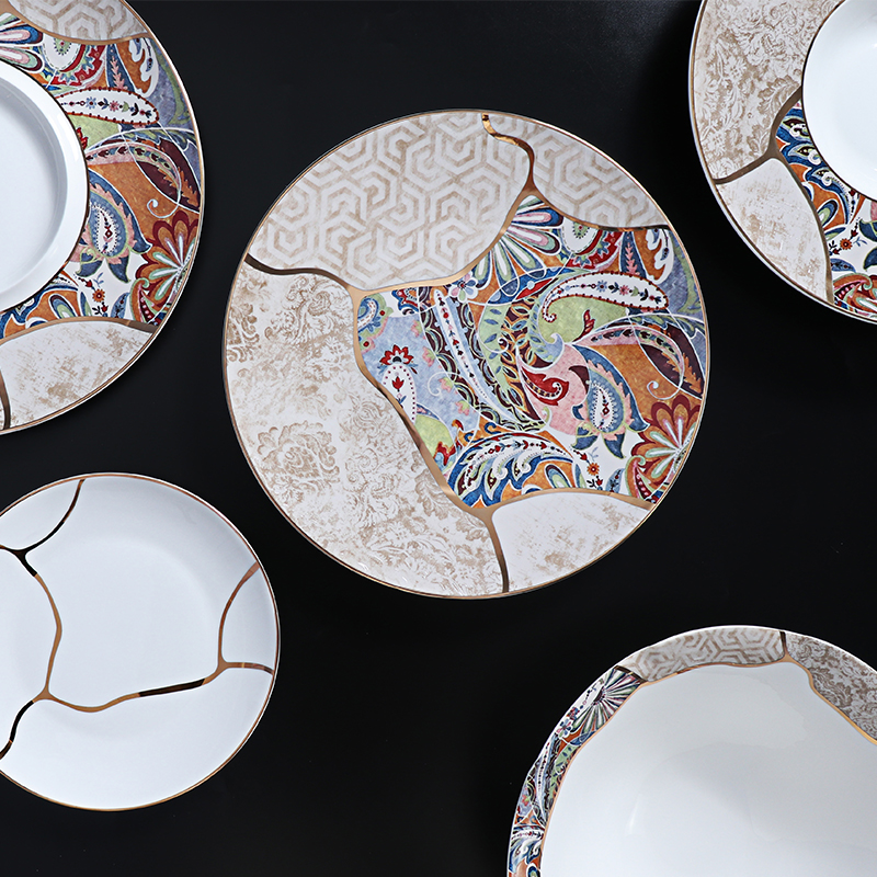 Pratos de jantar com borda dourada conjunto de pratos de porcelana para salão de baile luxuoso