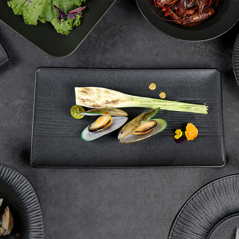 Placa de porcelana retangular com novo design Matt Frosting Black Restaurant Plate