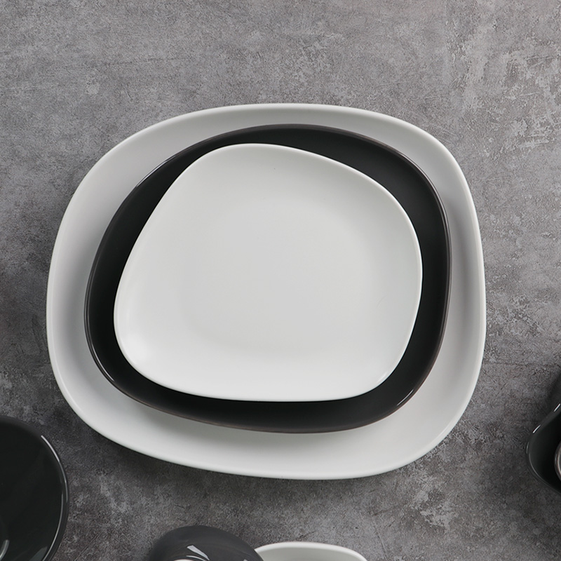 Louça de porcelana Eestaurant Terr Swirl Marks Cinza Fosco Branco Placa Quadrada Irregular 