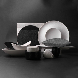 Conjunto de louça de grés, coleção de conjunto de pratos de porcelana mate preto branco