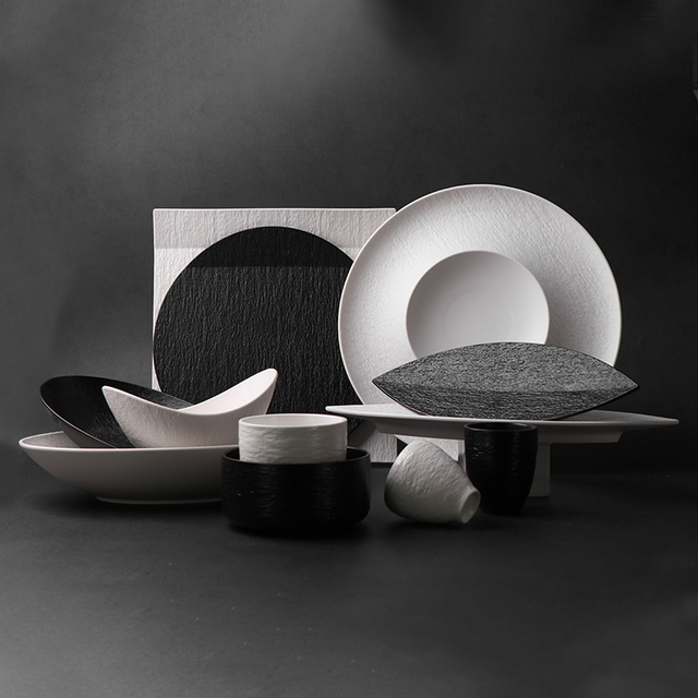 Conjunto de louça de grés, coleção de conjunto de pratos de porcelana mate preto branco