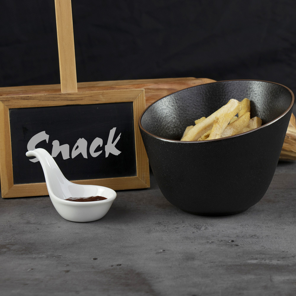 Tigela inclinada de cerâmica, prato de lanche de porcelana preta, batatas fritas, pratos, tigelas