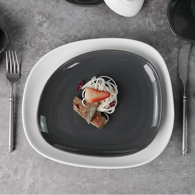 Louça de porcelana Eestaurant Terr Swirl Marks Cinza Fosco Branco Placa Quadrada Irregular 