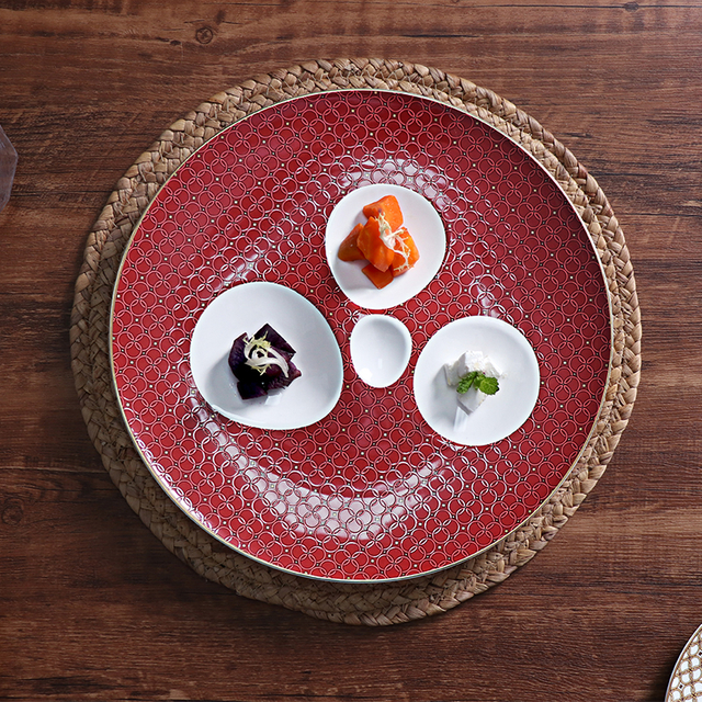 Prato de sobremesa de 12 polegadas, luxo, vermelho, branco, osso, china, prato, aperitivo
