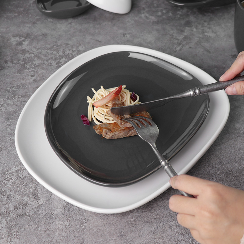 Louça de porcelana Eestaurant Terr Swirl Marks Cinza Fosco Branco Placa Quadrada Irregular 