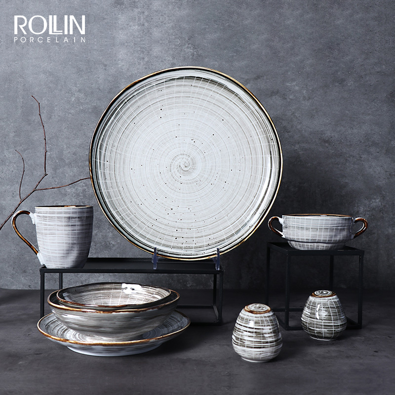 Dubai restaurante louça caixa platos comida ocidental pratos de porcelana conjunto plana artesanal mancha cinza placa cerâmica