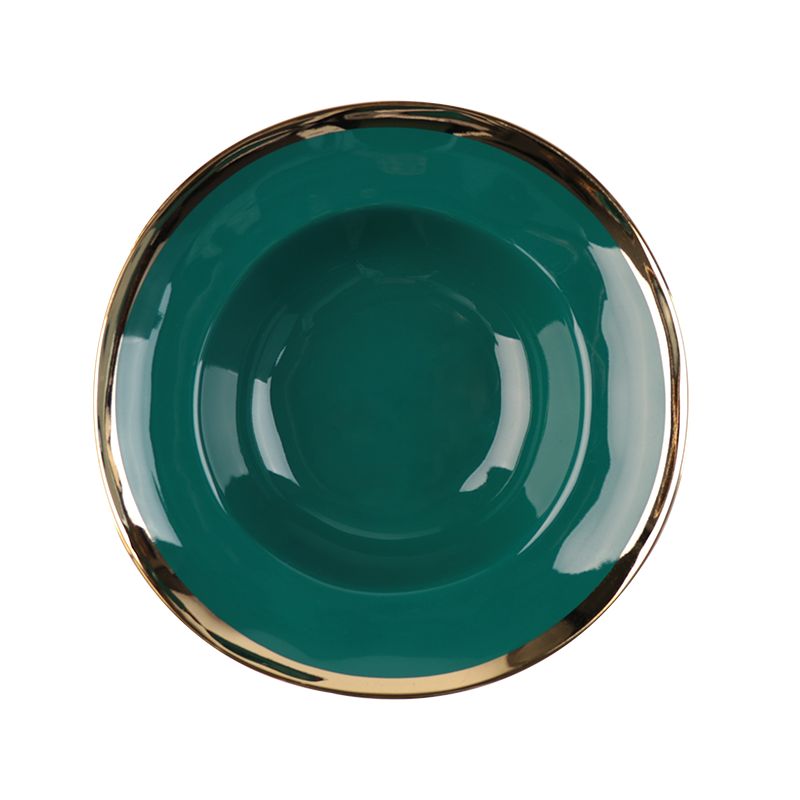 Prato de sopa de cerâmica com borda dourada com design de moda