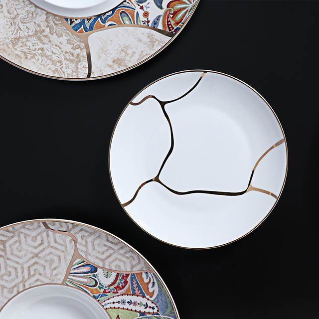 FURUI 8 Placa de borda dourada Placa de jantar de porcelana óssea Placa lateral