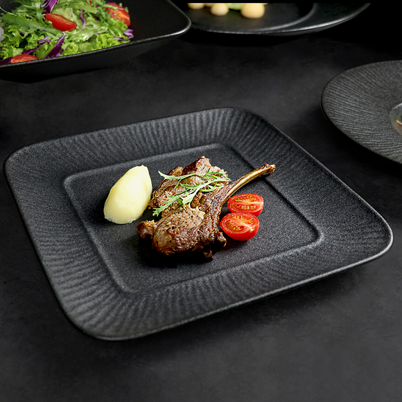 Prato de jantar quadrado preto em porcelana para restaurante