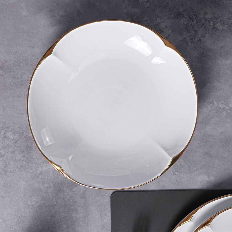 Conjunto de pratos de cerâmica branca alta, louça de porcelana durável com detalhes dourados