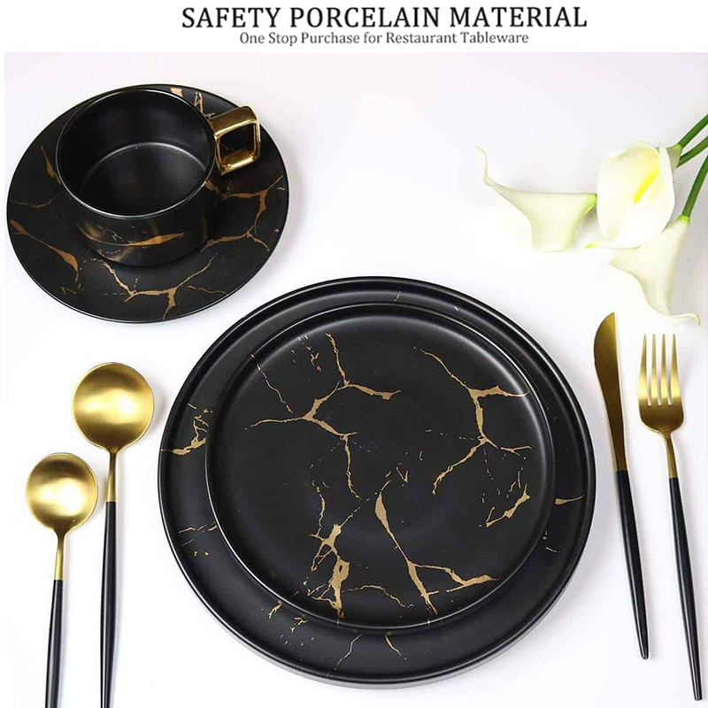 China louça em forma redonda ouro preto mármore barato prato de louça a granel, pratos de jantar para restaurante, prato de jantar de 10 Polegada