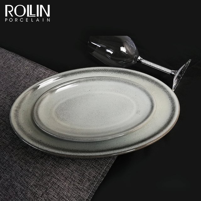 Louça de jantar de porcelana de placa oval de esmalte reativo, placa de cerâmica de restaurantes 14 polegadas