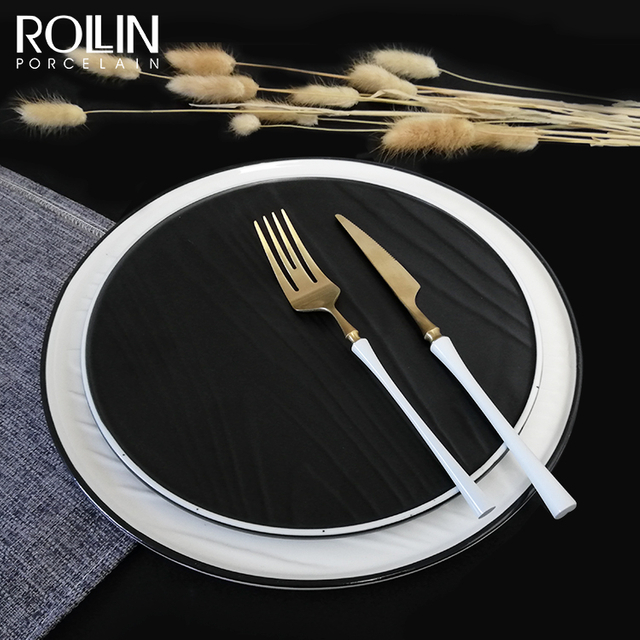 Conjunto de jantar de restaurante de cerâmica popular do Reino Unido Forma redonda Conjunto de talheres de porcelana para alimentos Seguro em relevo Conjunto de louça de grés 