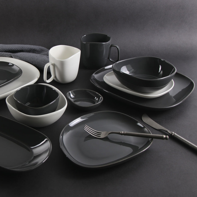 Conjunto de jantar de grés irregular de 16 peças de porcelana ROLLIN - prato de jantar quadrado plano, prato lateral, tigela, caneca 