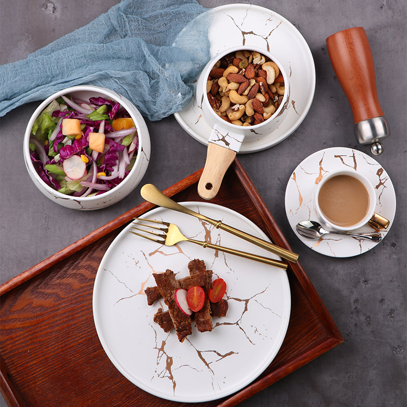 Novo estilo de porcelana mármore jantar conjuntos louça louça conjunto tigela sopa cebola para restaurante ou família