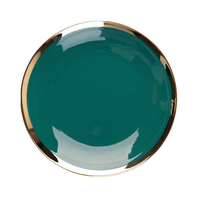 Prato de jantar redondo de cerâmica de cor verde irregular com borda dourada
