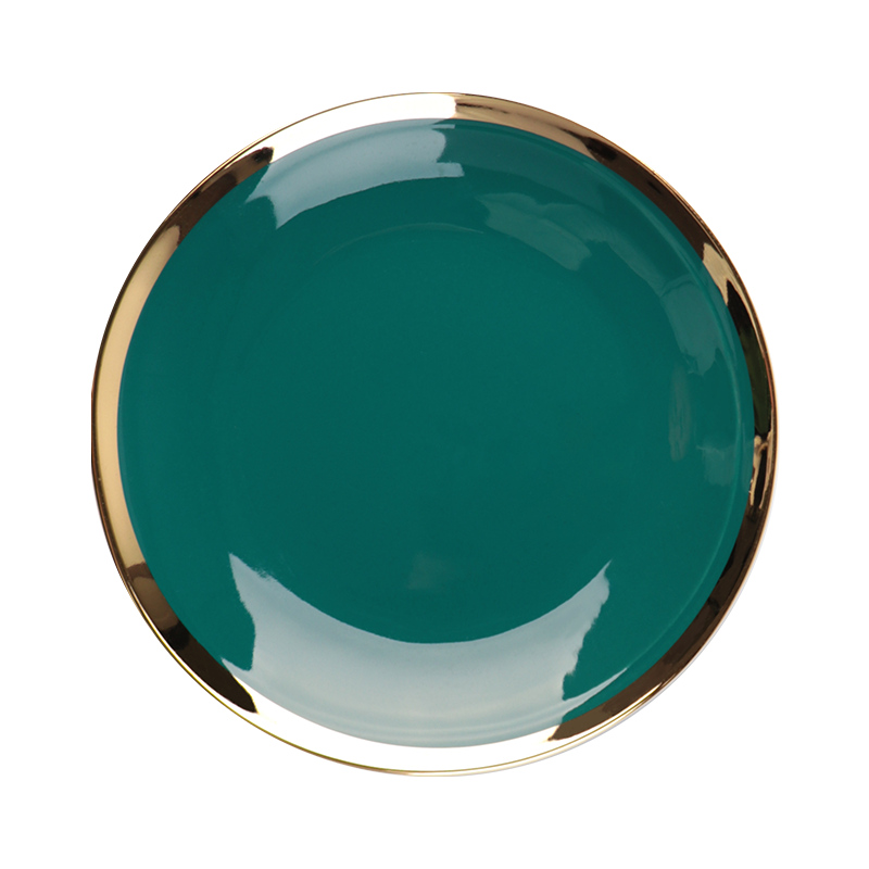 Prato de jantar redondo de cerâmica de cor verde irregular com borda dourada