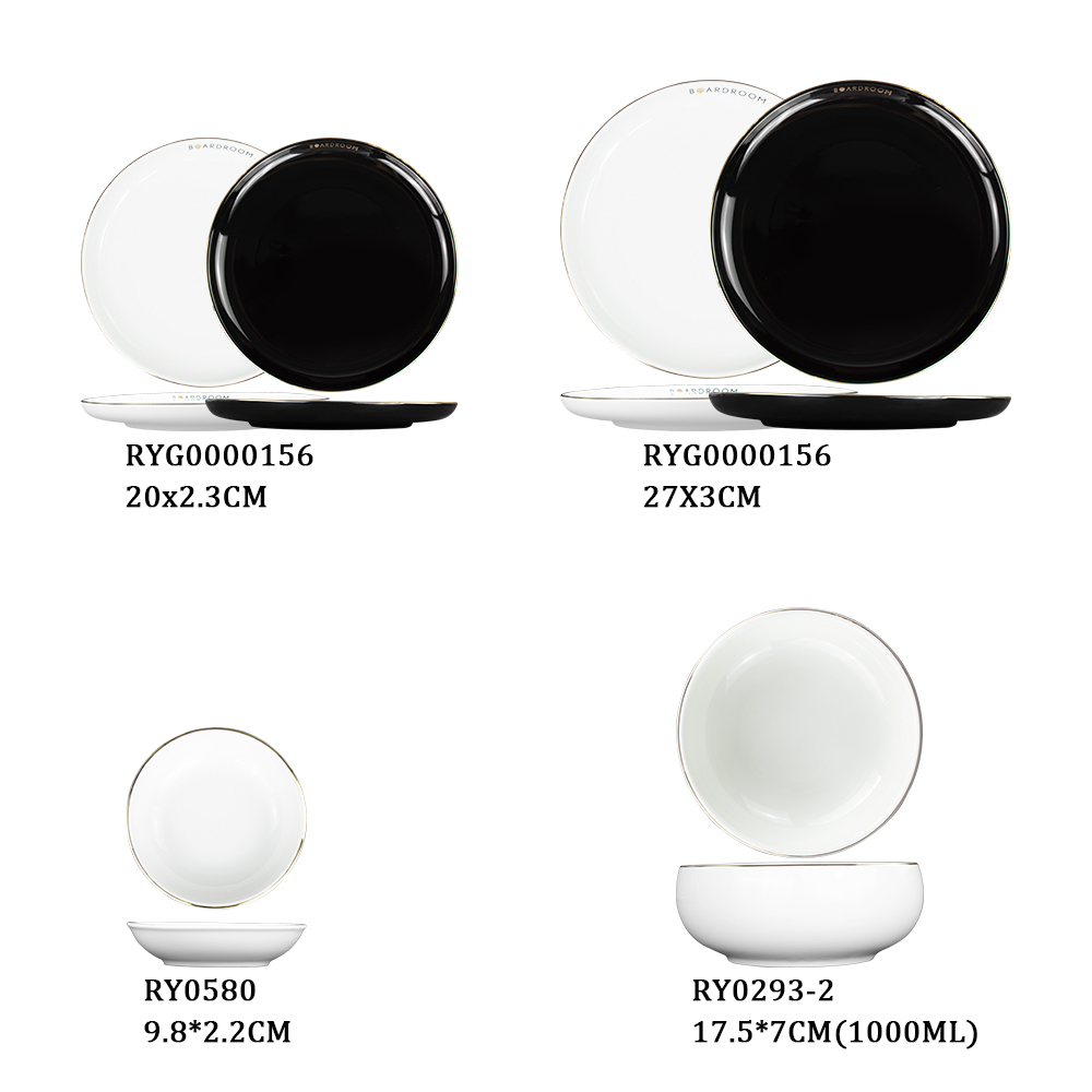 Prato de jantar branco e preto personalizado da porcelana da borda do ouro da placa 