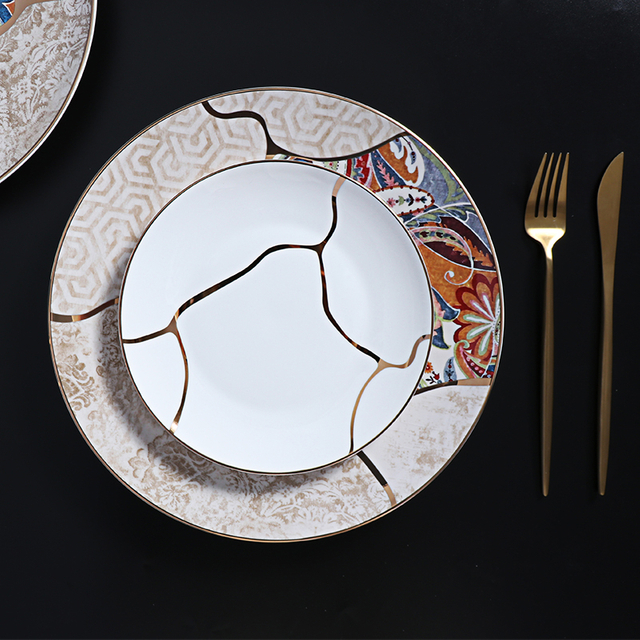 Pratos de jantar com borda dourada conjunto de pratos de porcelana para salão de baile luxuoso