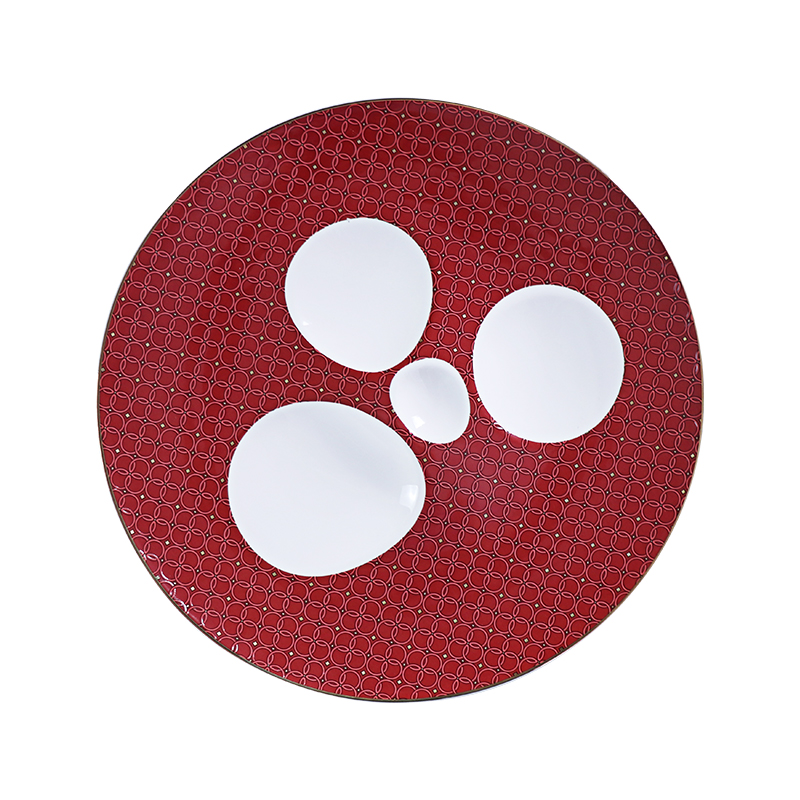 Prato de sobremesa de 12 polegadas, luxo, vermelho, branco, osso, china, prato, aperitivo