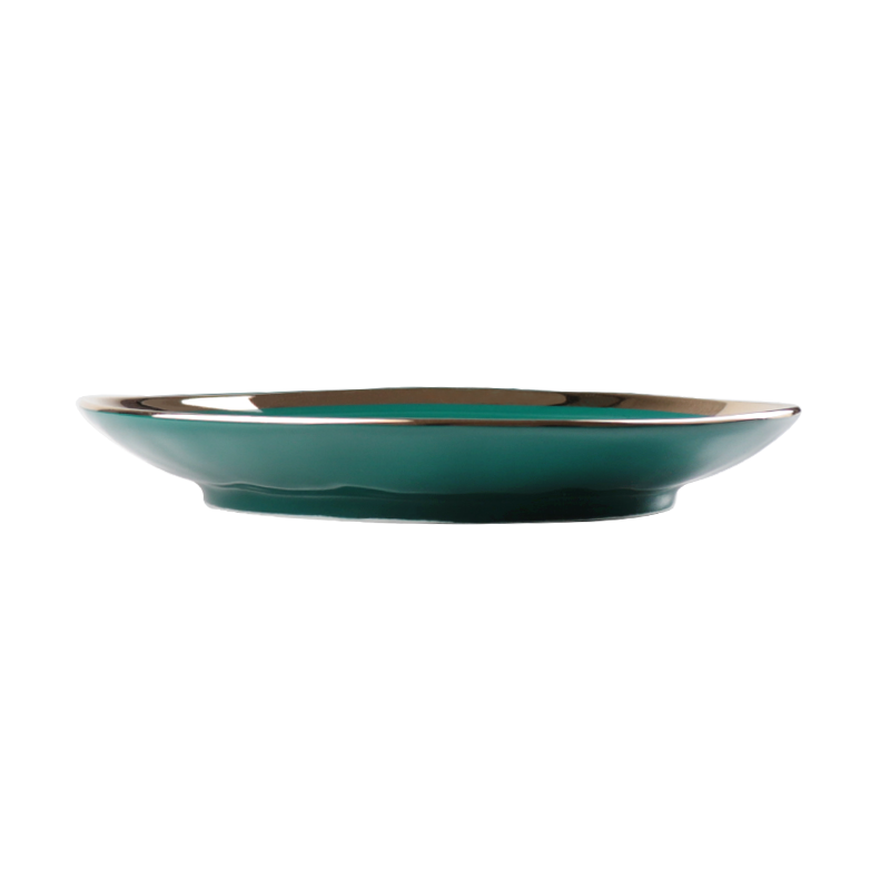 Prato de jantar redondo de cerâmica de cor verde irregular com borda dourada