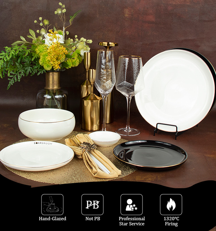 Prato de jantar branco e preto personalizado da porcelana da borda do ouro da placa 