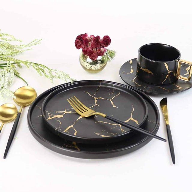China louça em forma redonda ouro preto mármore barato prato de louça a granel, pratos de jantar para restaurante, prato de jantar de 10 Polegada