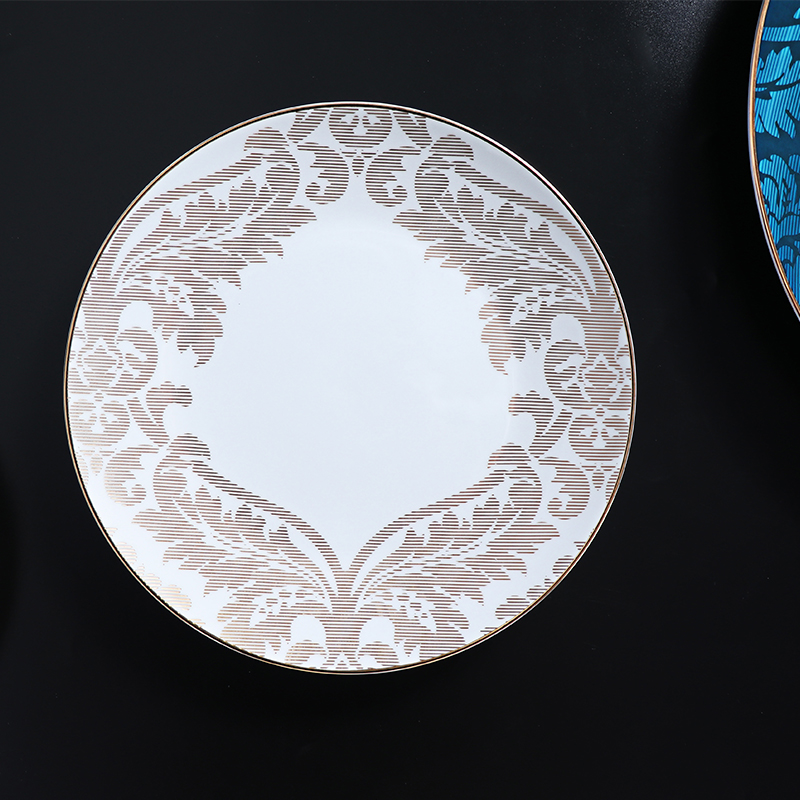 Conjunto de pratos nórdicos de porcelana com borda dourada para restaurante