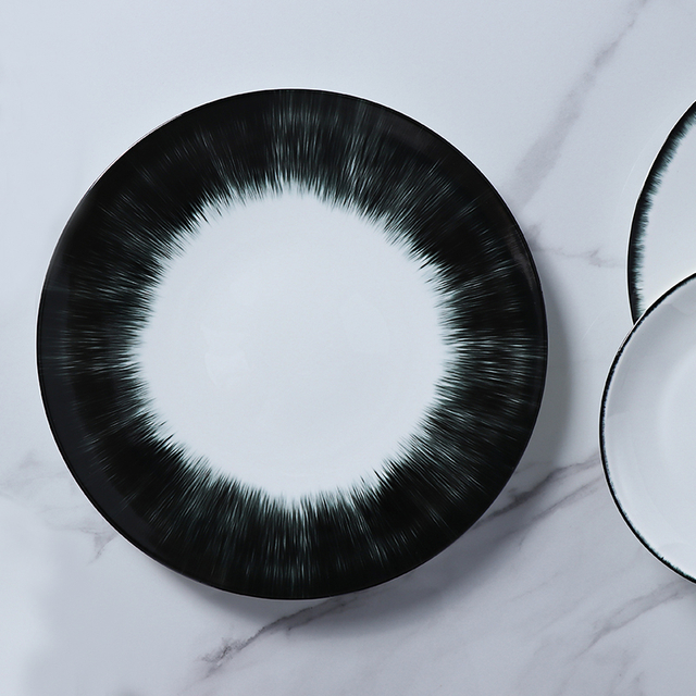 Artigos de hotel novos talheres prato de jantar comida do mar ouriço design preto e branco osso china louça