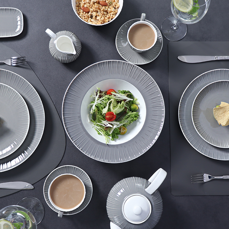 Louça de cerâmica cinza para restaurante, luxo, moderno, conjunto de louça, conjunto de louça de porcelana de luxo